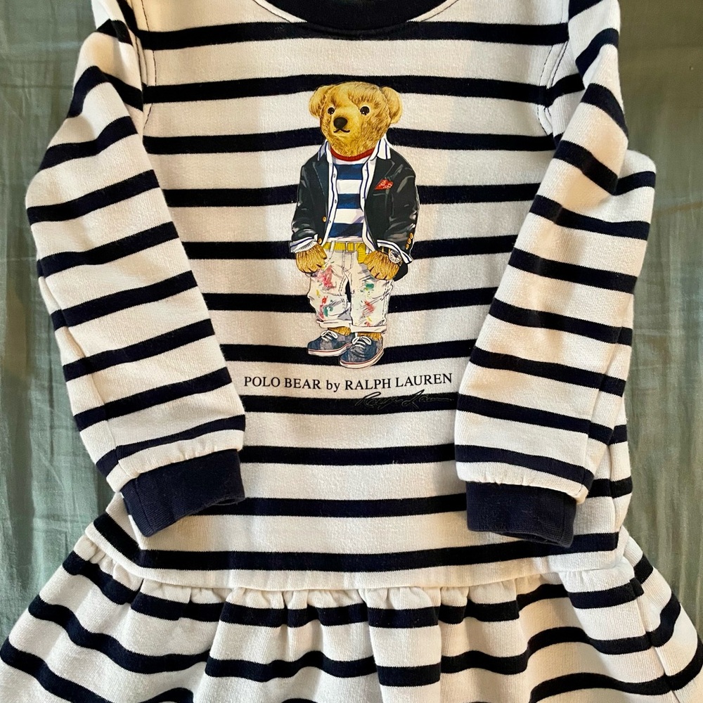 Ralph Lauren Navy & White Striped Polo Bear Fleece Dress
